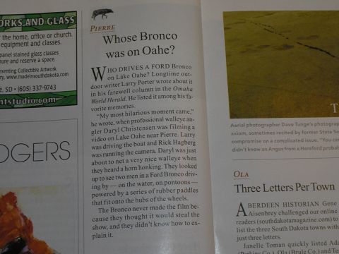 1990 Ford Bronco - This article discusses a Ford Bronco and its owner's humorous experience on Lake Oahe.