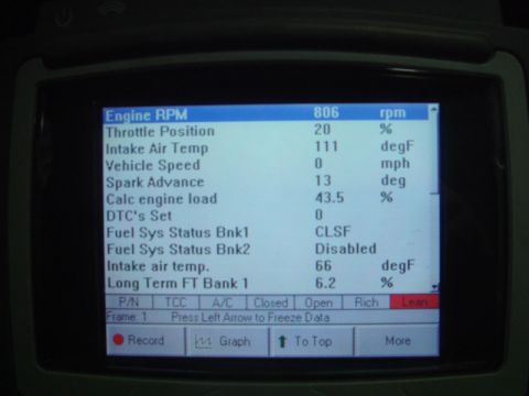 1996 Ford Bronco - A diagnostic tool displays engine data, including RPM, temperature, and fuel status.