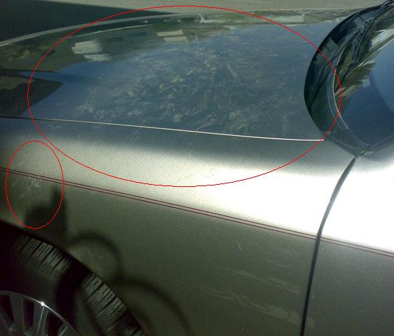 car hood and fender with scratches and dust