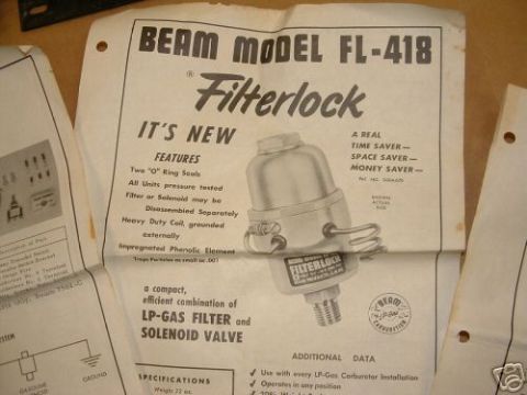 1978 Ford Bronco - This document describes the features and specifications of the Beam Model FL-418 Filterlock, an LP-Gas filter and solenoid valve.
