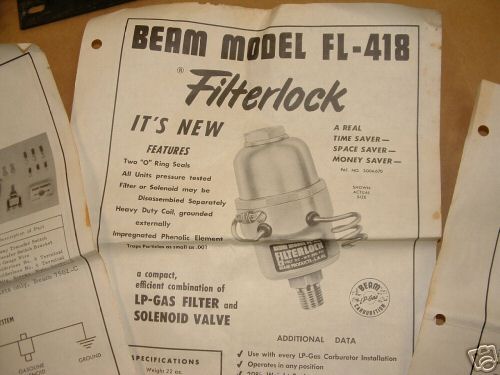 Beam Model FL-418 Filterlock LP-gas filter and solenoid valve product sheet with unit illustration