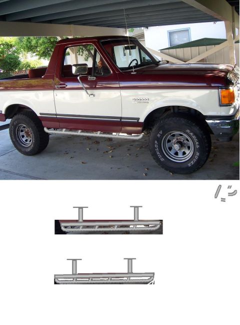 1991 Ford Bronco - This two-tone maroon and white Ford Bronco is shown from the side, aftermarket running boards.