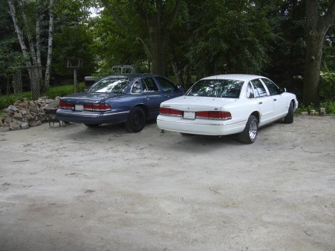 1997 Ford Crown Victoria - Two Ford Crown Victorias, one white and one blue, are parked side-by-side in an outdoor setting.
