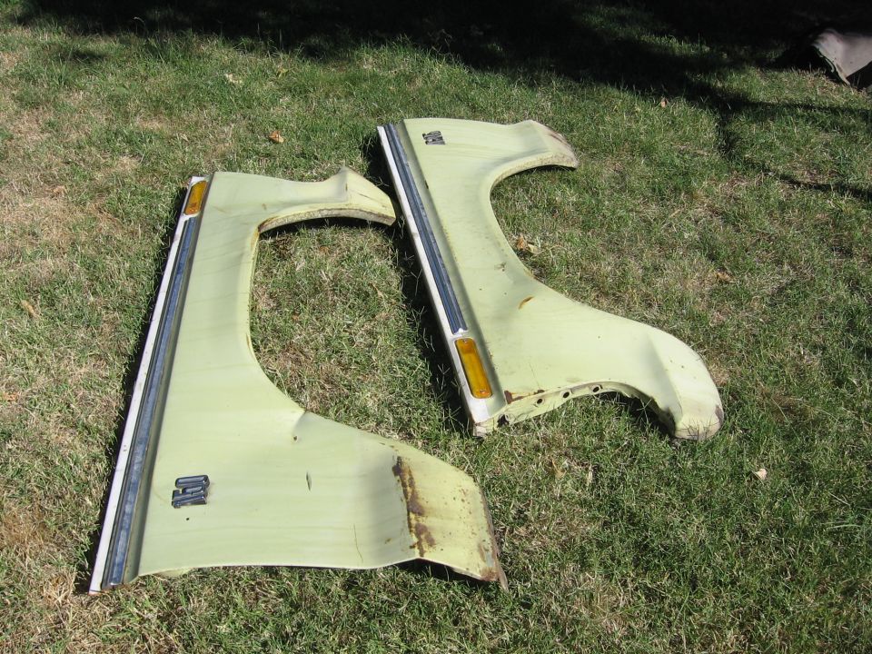 two light green car fenders with chrome trim and amber turn signals