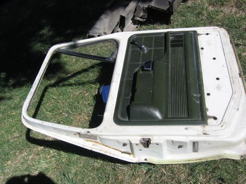 1989 Ford Bronco - A detached car door with a green interior panel and window frame is shown resting on the grass.