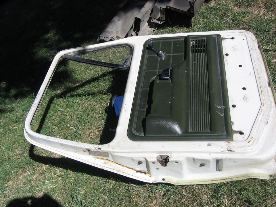 White car door with green interior panel and window frame, lying on grass