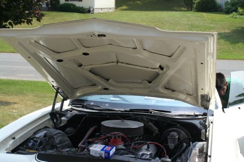 1972 Ford Ranchero - Engine bay of a 1972 Ford Ranchero, viewed from above with the hood open.