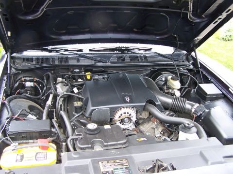 2003 Ford Crown Victoria - Engine bay of a 2003 Ford Crown Victoria, the V8 engine cover and various components.