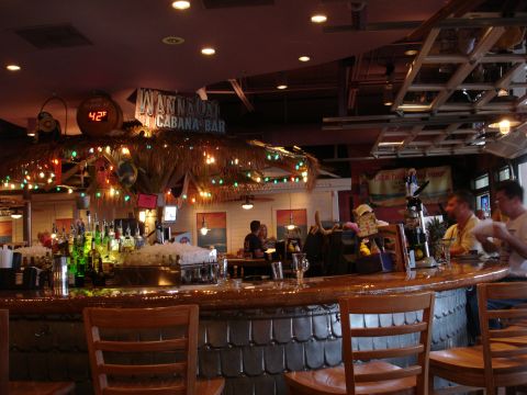 1993 Ford Taurus - A bar scene with a tropical theme, a thatched roof, colorful lights, and patrons enjoying drinks.