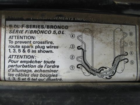 1995 Ford Bronco - This under hood sticker provides instructions for routing spark plug wires on a 5.0L F-Series or Bronco.
