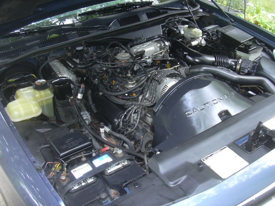 1996 Ford Crown Victoria engine bay with V8 engine and battery