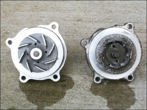 2001 Mercury Grand Marquis - Comparison of a new water pump and a used, corroded water pump.