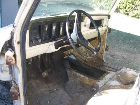1989 Ford Bronco - The interior of a heavily rusted 1976 Ford F-150 pickup truck, showing the dashboard, steering wheel, and floor.