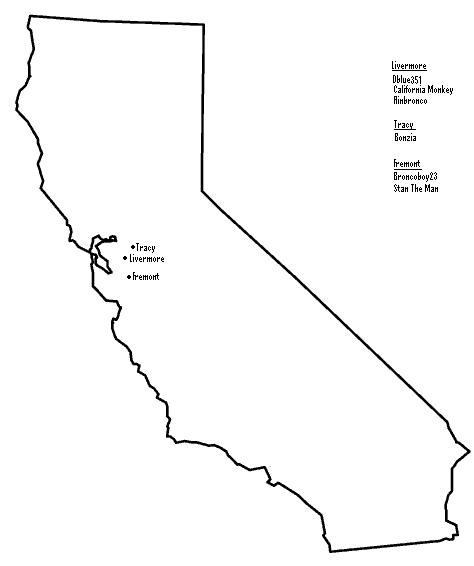 1991 Ford Bronco - This diagram shows locations in California with associated usernames, not a vehicle.