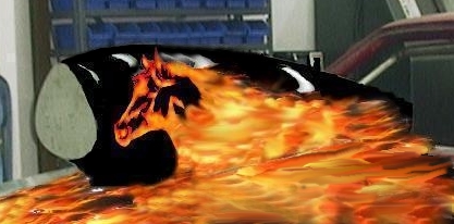 1990 Ford Mustang - A black engine part is adorned with a graphic of a horse engulfed in flames, with a Supermotors logo at the bottom.