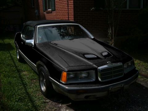 1987 Ford Thunderbird - A black coupe with a prominent hood scoop sits parked on a grassy area next to a brick building.