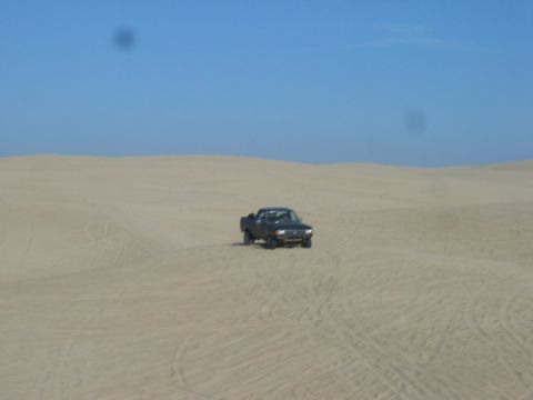 1989 Ford Bronco - Pickup truck navigates sandy terrain on a clear day.