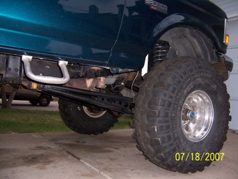 1994 Ford Bronco - A teal 1994 Ford Bronco XLT shows off its lifted suspension and oversized tires.