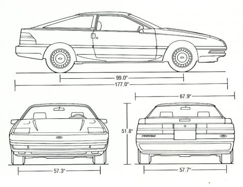 1991 Ford Probe - Dimensioned multi-view drawing of a Ford Probe showing 177.0-in length, 67.9-in width, and 51.8-in height.