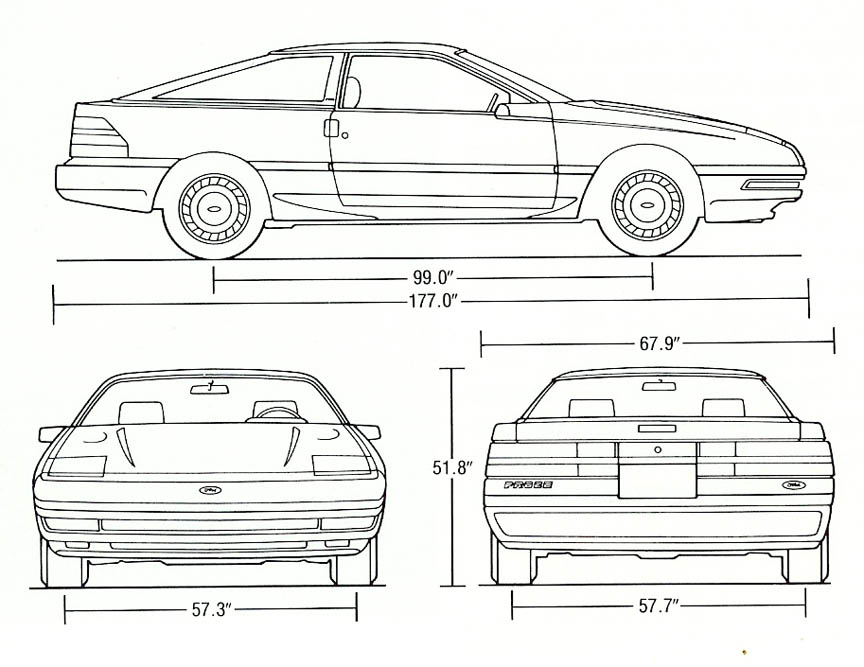 Dimensioned three-view line drawing of a Ford Probe coupe