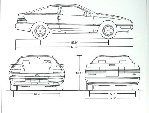 1991 Ford Probe - Dimensioned multi-view drawing of a Ford Probe LX showing overall length, width, and height measurements.
