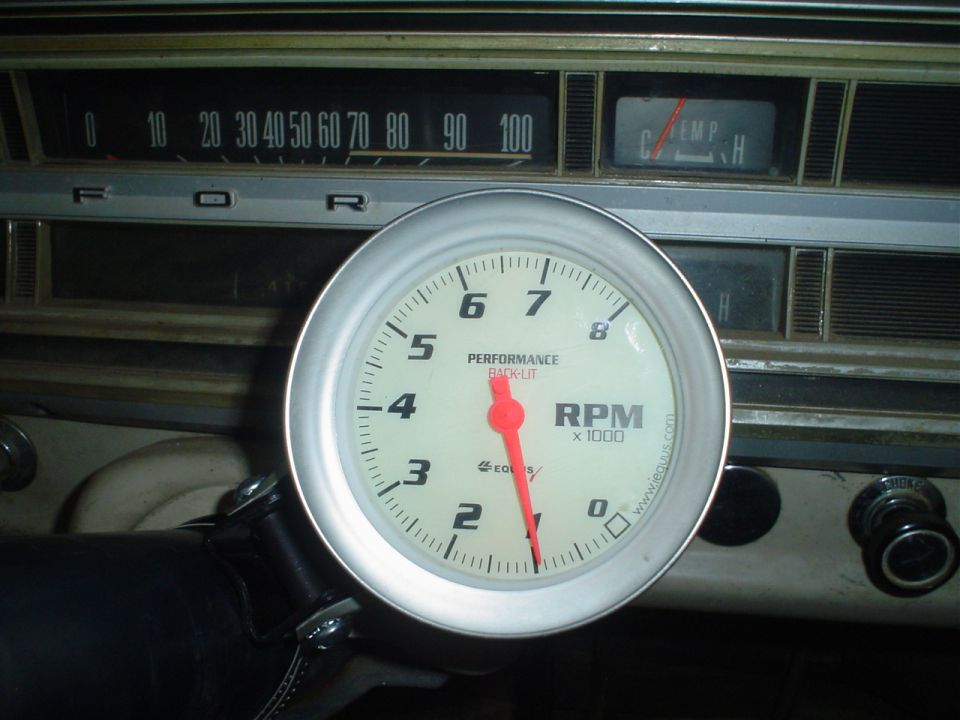 Dashboard with tachometer, speedometer, and temperature gauge. Ford logo visible