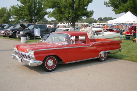 1967 Ford Ranchero - This red 1959 Ford Ranchero is on display at an outdoor car show.