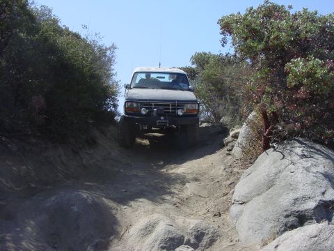 1994 Ford Bronco - A lifted Ford Bronco navigates a challenging, rocky off-road path surrounded by dense vegetation.