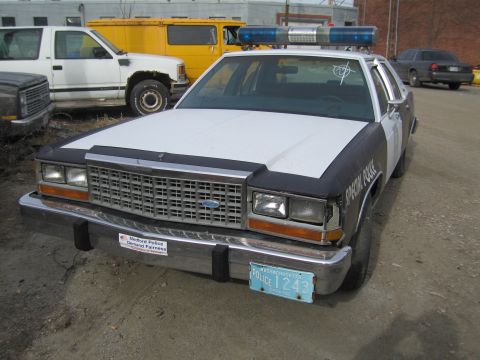 1991 Ford LTD Crown Victoria - This police car has a light bar and "Special Police" text on the door. The Massachusetts license plate reads "POLICE 1243".