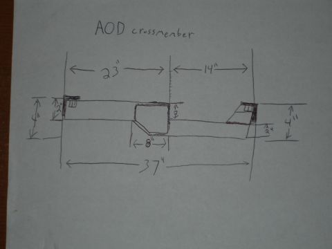 1989 Ford Bronco - Hand-drawn diagram details the dimensions of an AOD crossmember, including lengths and heights.