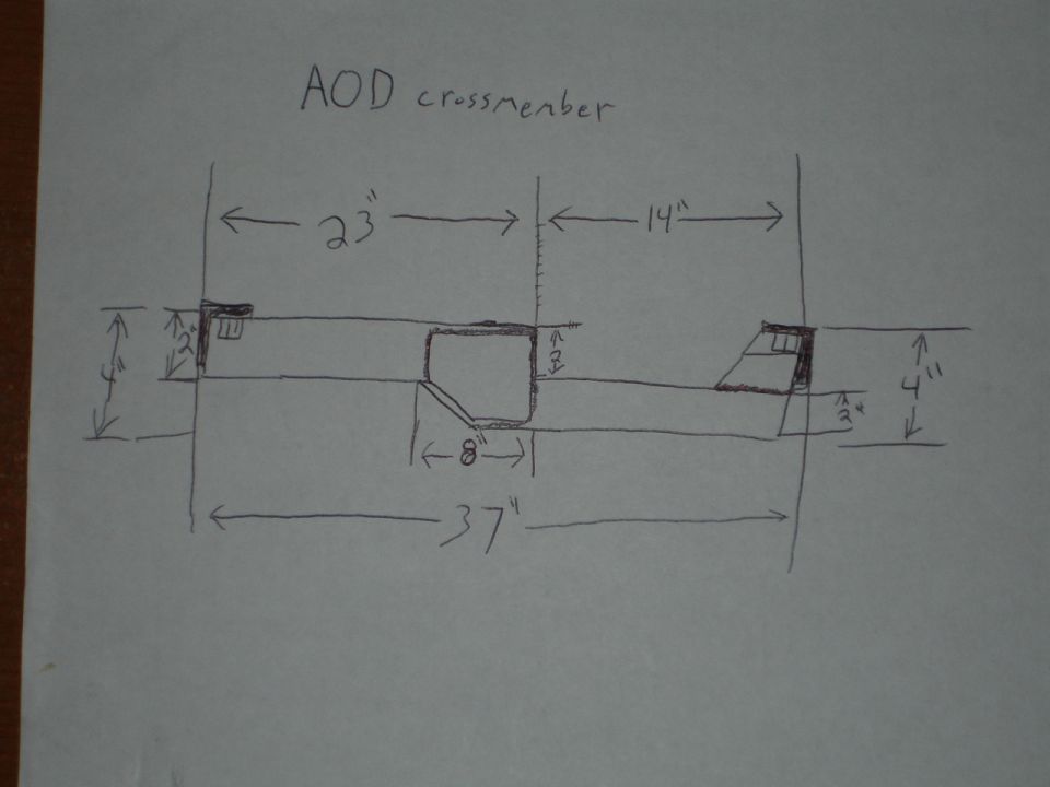 Hand-drawn dimensioned sketch of an AOD transmission crossmember with measurements