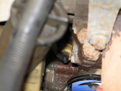 1995 Ford Bronco - A close-up view of an engine component, likely an oil filter and a sensor, with some fluid residue.