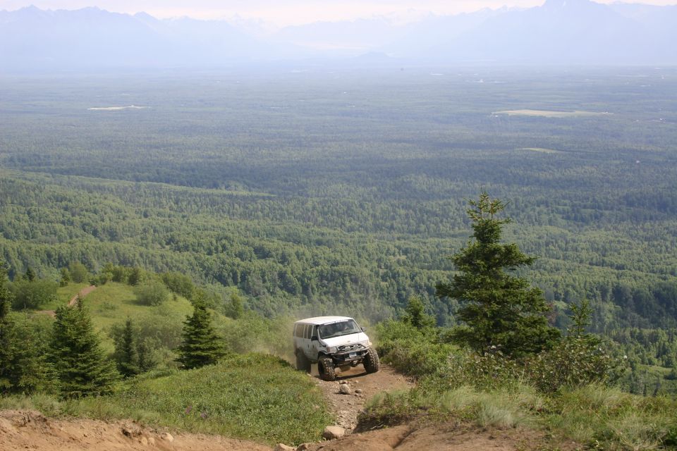 White Jeep Wrangler driving on a dirt trail on a hillside, with a vast forest and mountains in the background