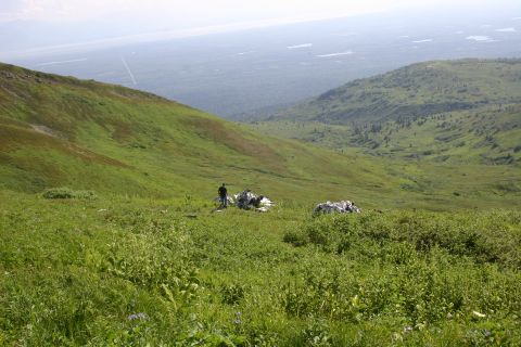 2003 Jeep TJ - Debris is spread across a green, hilly landscape under a hazy sky.