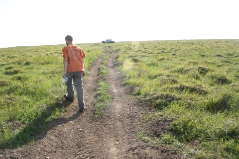 2003 Jeep TJ - Off-road vehicle parked on a grassy hill, with a person walking up the path towards it.