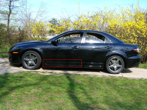 Black sedan side profile with red box highlighting the rocker panel area