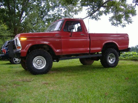 1979 Ford F-150 - A red pickup truck is parked on a grassy lawn with trees in the background. Another vehicle is visible to the left.