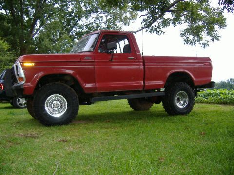 1979 Ford F-150 - This red 1979 Ford F-150 pickup truck is shown from the side, parked on a grassy area.