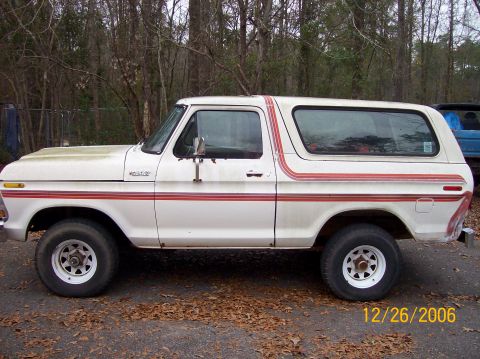 1978 Ford Bronco - A white 1978 Ford Bronco with red pinstripes is parked outdoors, with another vehicle visible in the background.