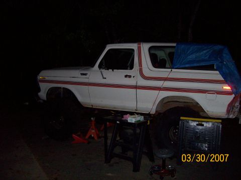 1978 Ford Bronco - This 1978 Ford Bronco is shown on jack stands, possibly undergoing maintenance or modification.