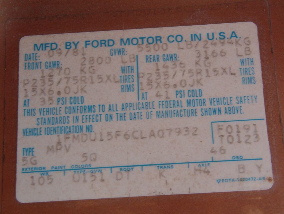Ford vehicle certification door sticker dated 09/81 with VIN