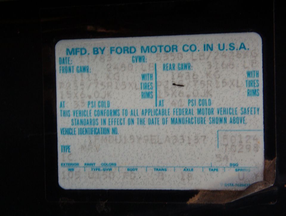 Ford vehicle certification door sticker, MFD by Ford Motor Co in USA