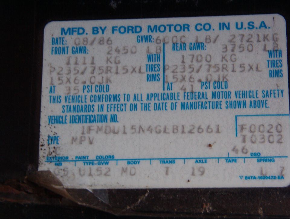Ford door certification label dated 08/86 with VIN 1FMDU15N4GLB12661