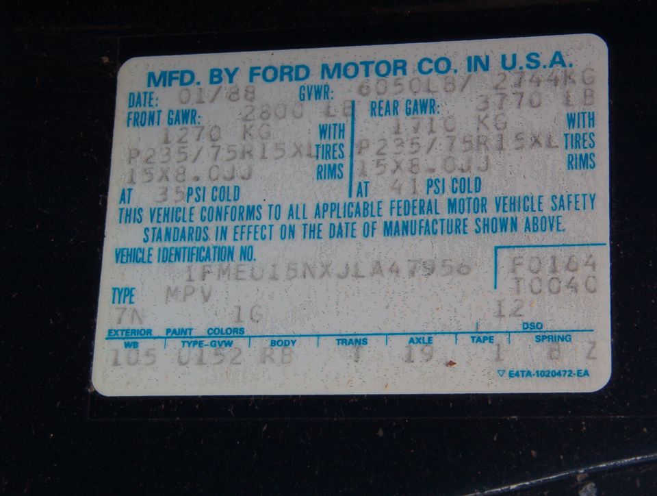 Ford door certification label dated 01/88 with VIN 1FMEU15NXJLA47956