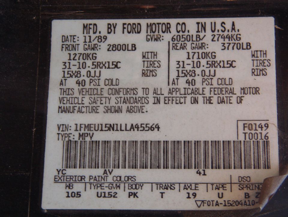 Ford door certification label dated 11/89 with VIN 1FMEU15N1LLA45564