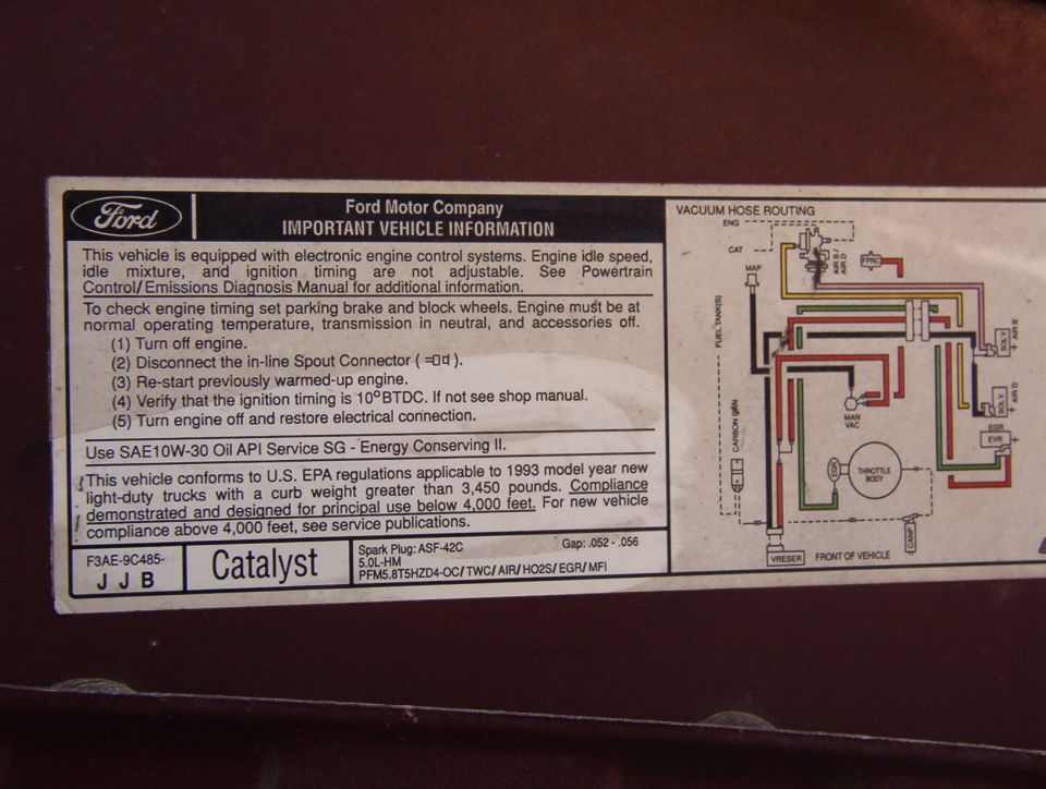 Ford emissions and vacuum hose routing underhood decal, 5.0L HM