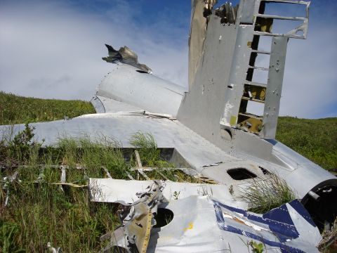 2000 Ford E350 - Wreckage of an aircraft lies in a grassy field under a partly cloudy sky, showing extensive damage to its metallic body.