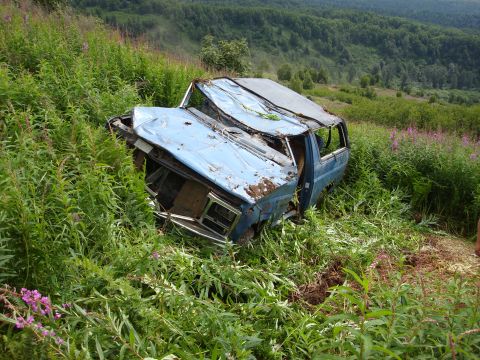 2000 Ford E350 - A severely damaged blue van rests on its side amidst overgrown vegetation on a hillside.