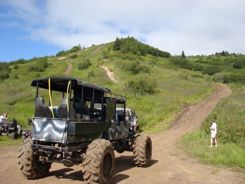 2000 Ford E350 - A custom-built off-road vehicle navigates a dirt path on a grassy hill under a partly cloudy sky.
