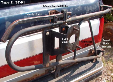 1983 Ford Bronco - Type 1 ('78~86) has a 2-screw notched strike for a teter-bar catch, a J-bolt mount, an UNreinforced arm, & straight body brackets. [url=htt…